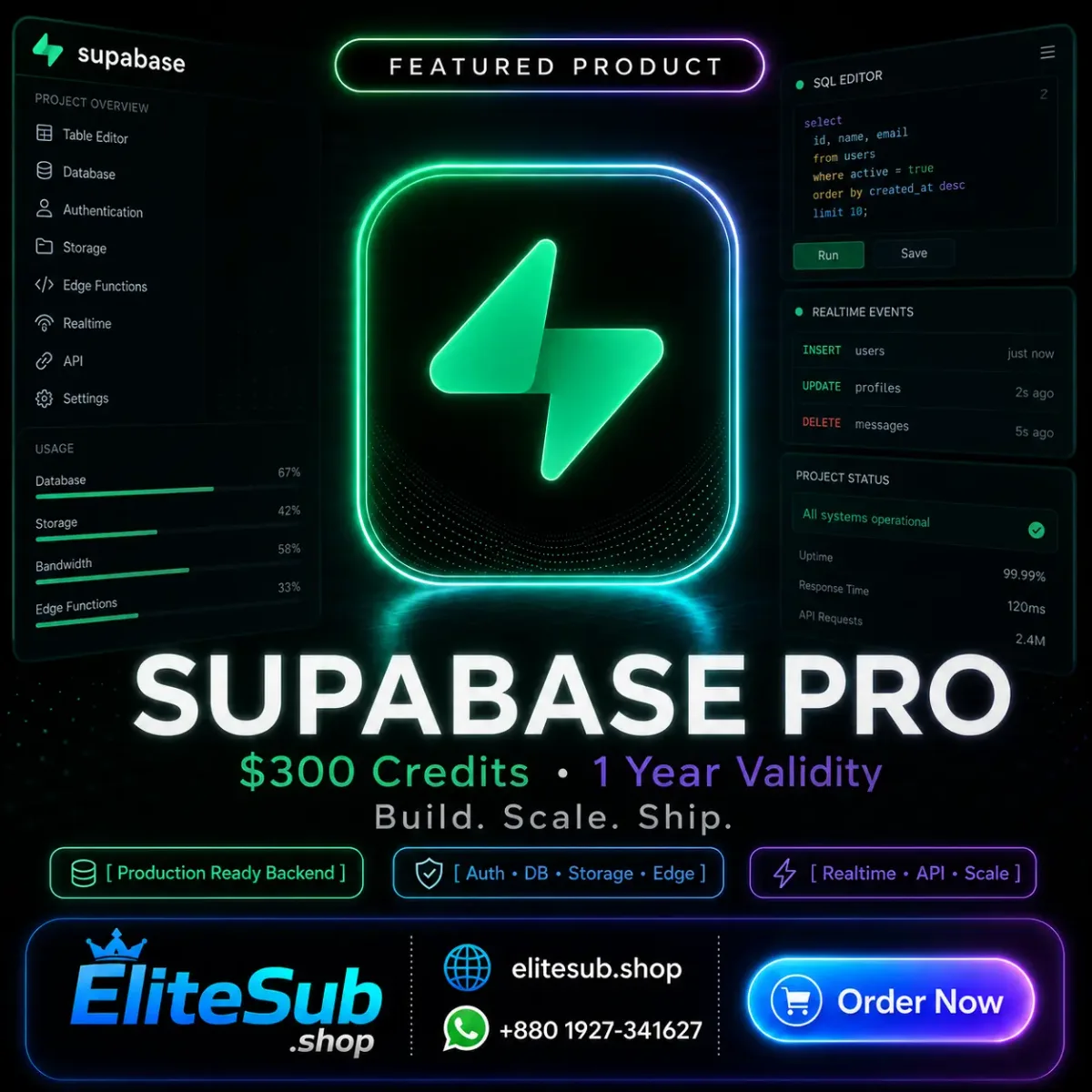 Supabase Pro – $300 Credits (1 Year Validity)